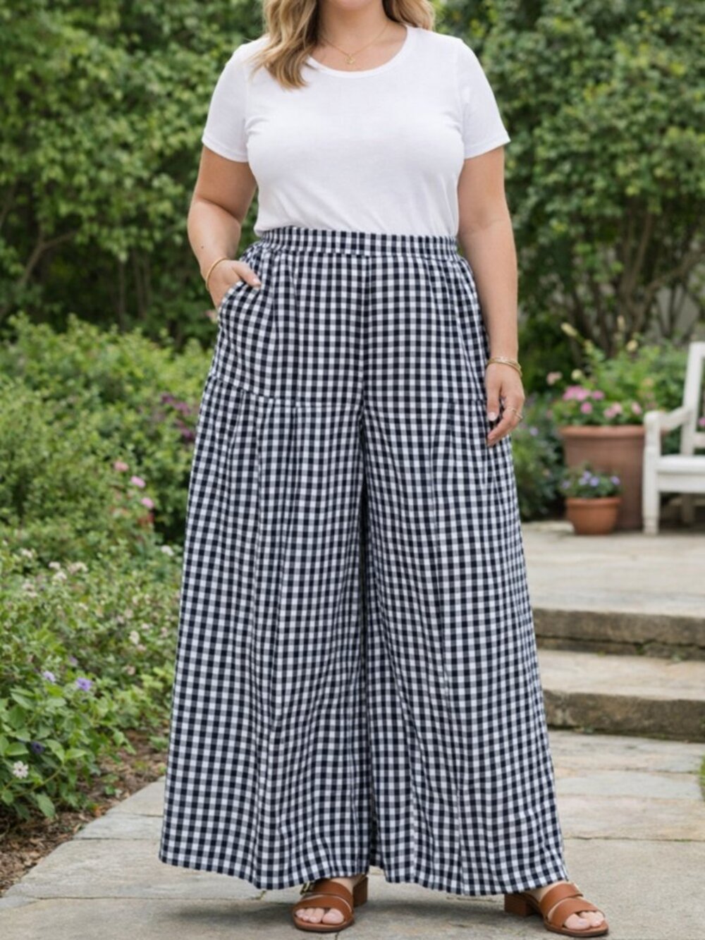 Black & White Gingham Wide Leg Pants with Elastic Waist